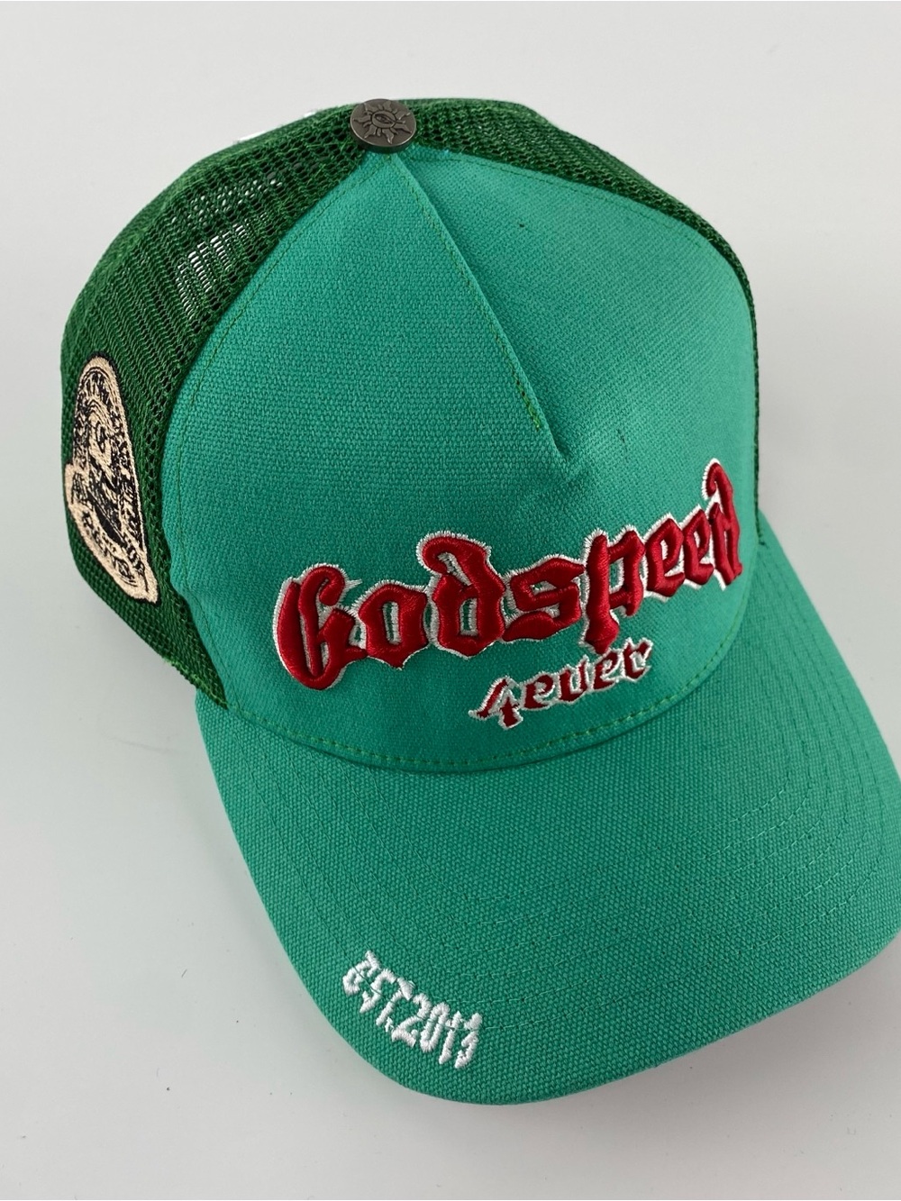 Godspeed Green Trucker Hat with Red Embroidered Logo